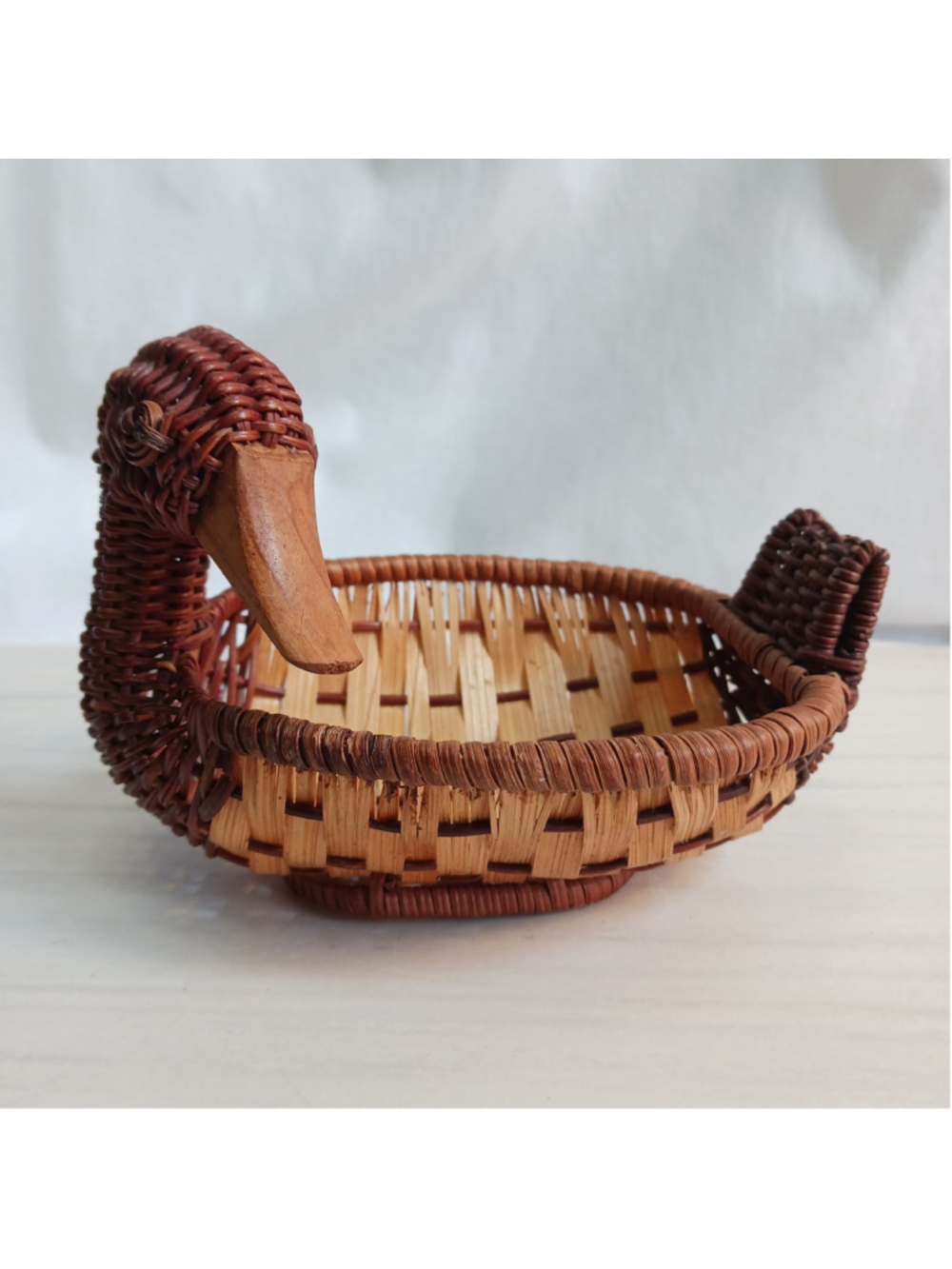 Vintage Woven Wicker Rattan Trinket Duck Candy Basket Boho Decor 6” X 4”